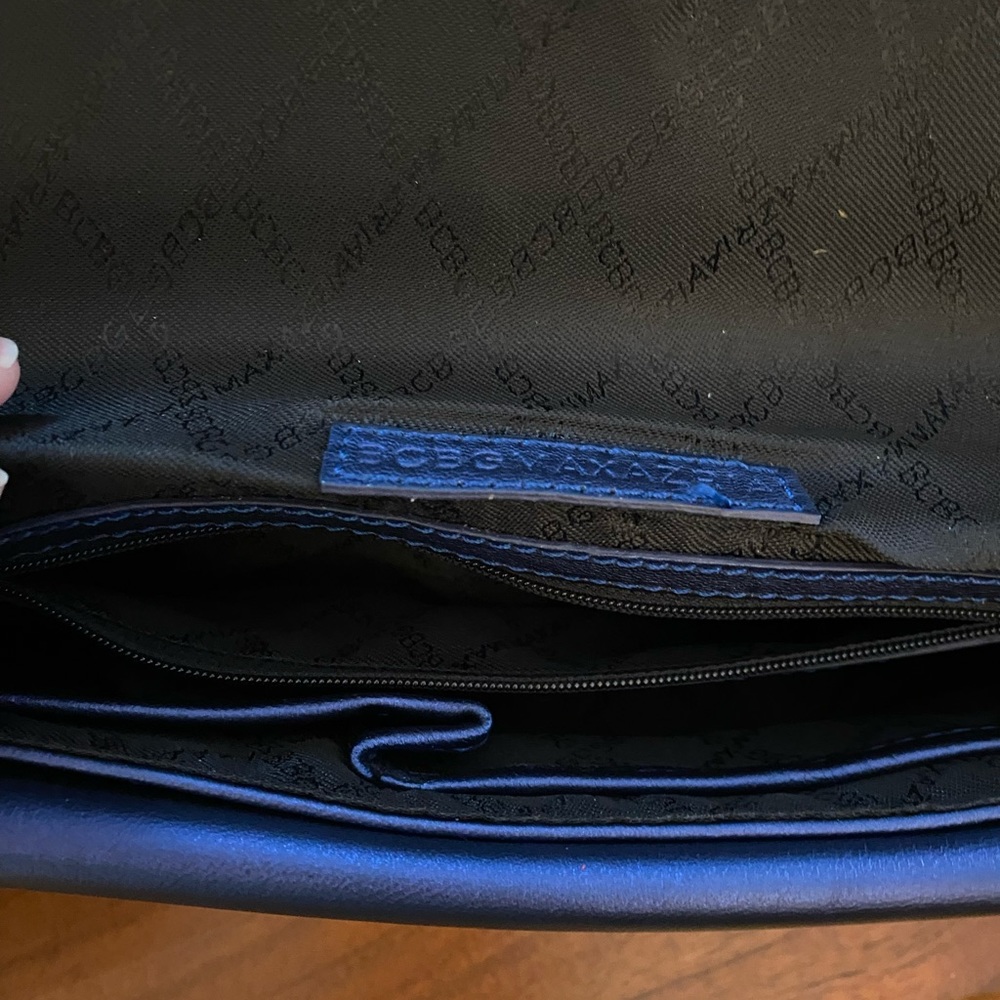 NWOT. BCBG Maxazria navy blue (shimmery look) clutch/shoulder strap handbag. - Picture 9 of 13
